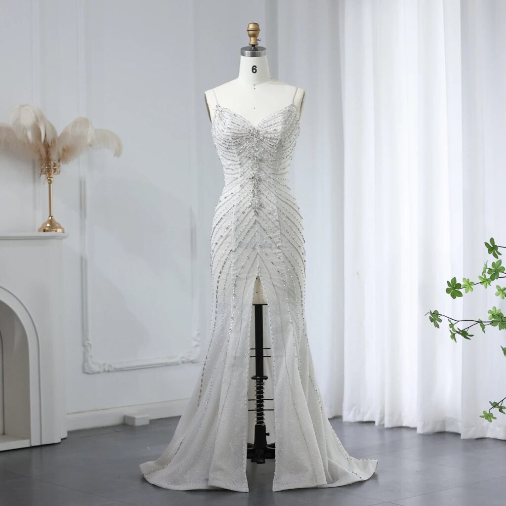 Crystal Luxury Mermaid White Wedding Dresses for Women Spaghetti Straps Front Slit Bridal Gowns