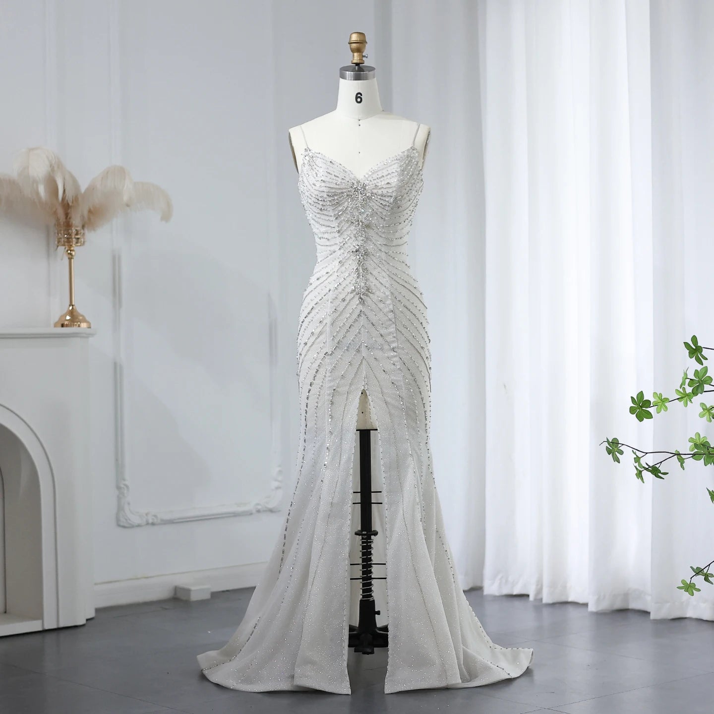 Crystal Luxury Mermaid White Wedding Dresses for Women Spaghetti Straps Front Slit Bridal Gowns