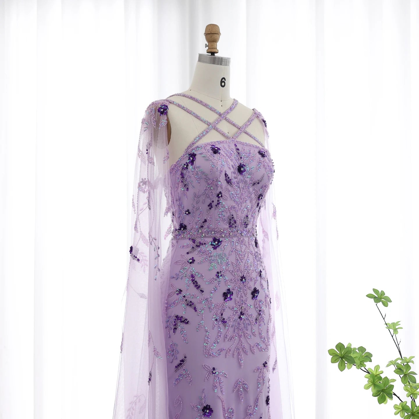 Luxury Lilac Evening Dresses with Cape Sleeves Criss Cross Elegant Arab Women Wedding Party Gowns - Image 7