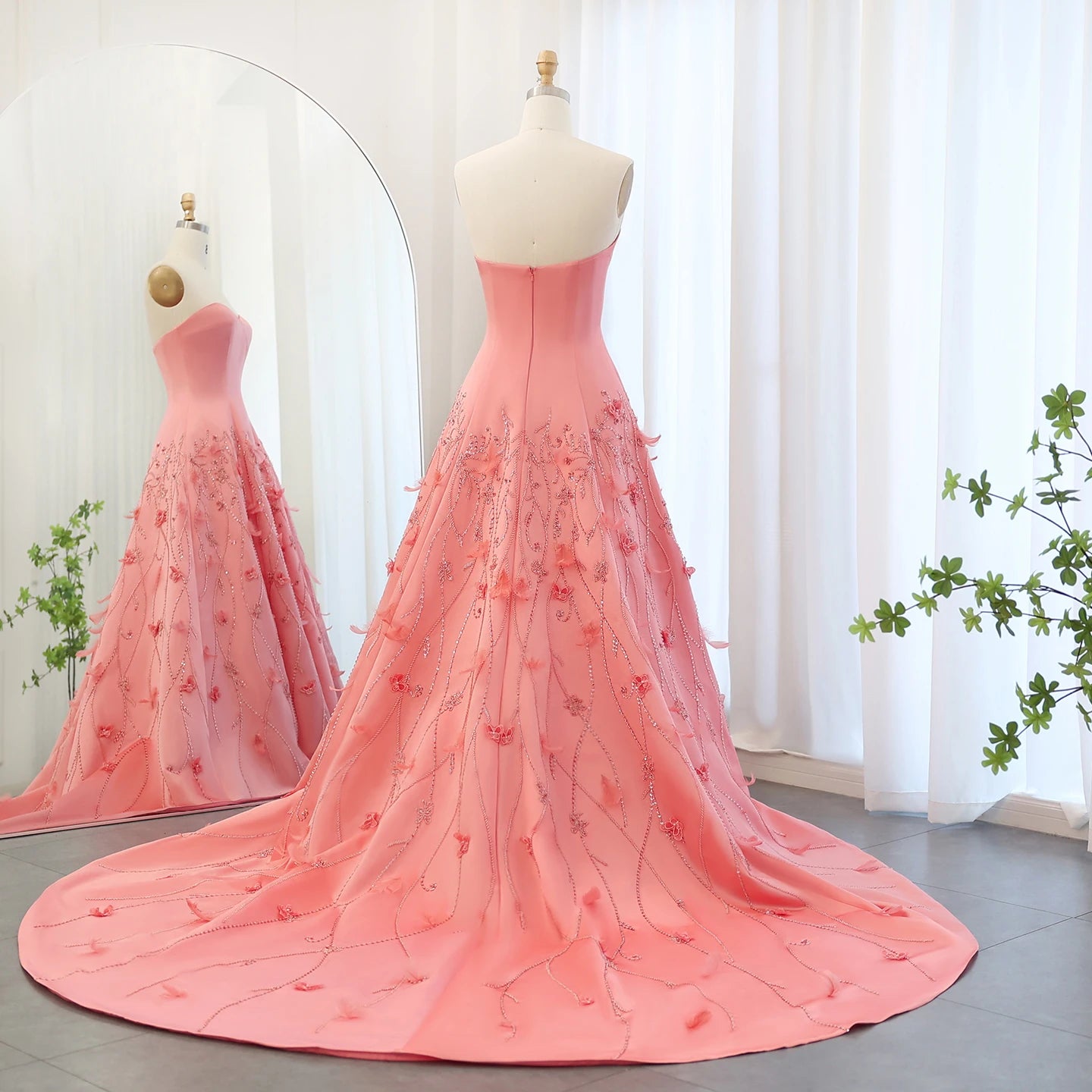 Luxury Feathers Coral Pink Evening Dresses 3D Flowers Sweetheart Long Women Wedding Formal Party Dress - Image 8