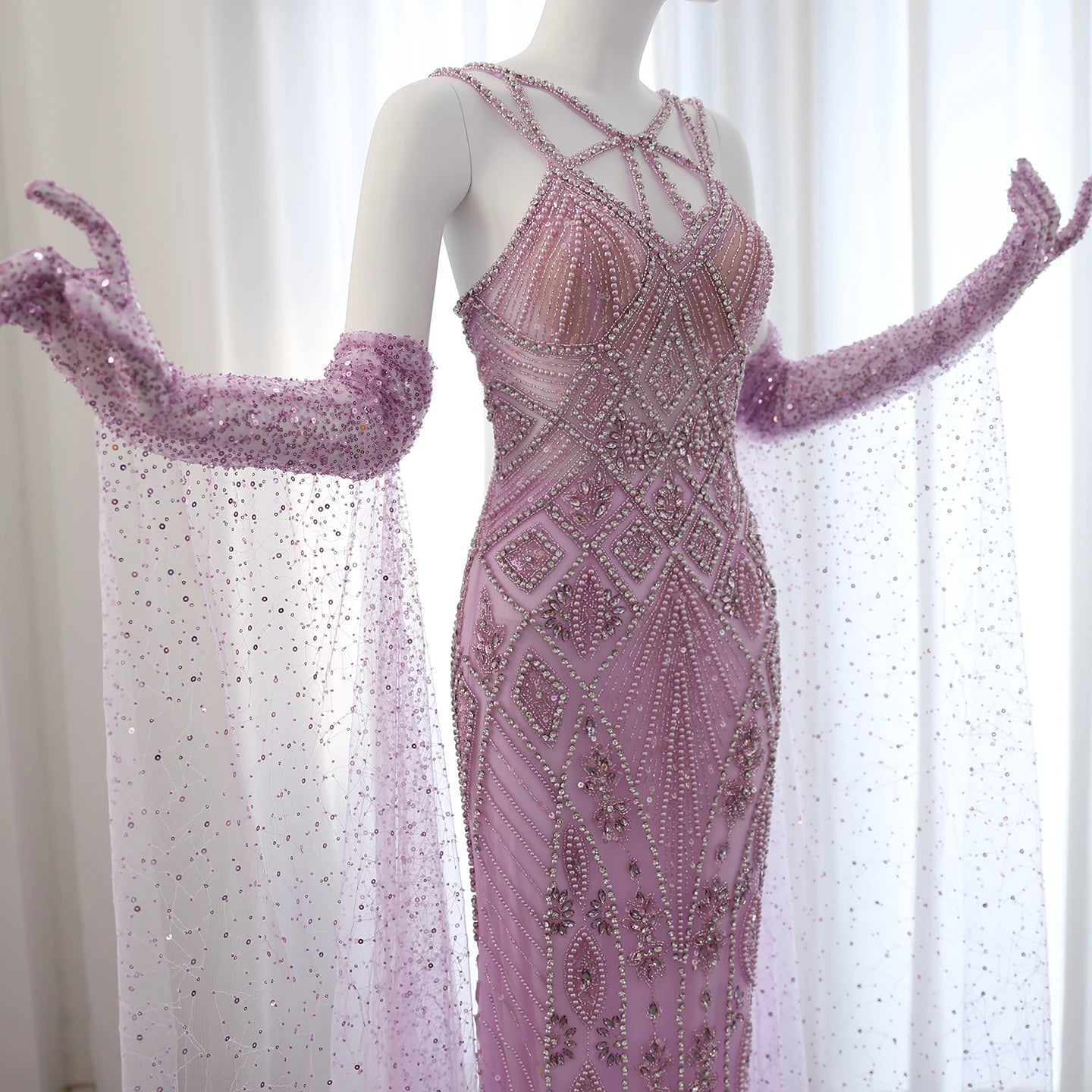 Luxury Lilac Evening Dresses with Gloves Cape Sleeves Long Straight Beyonce Celebrity Prom Party Gowns - Image 7