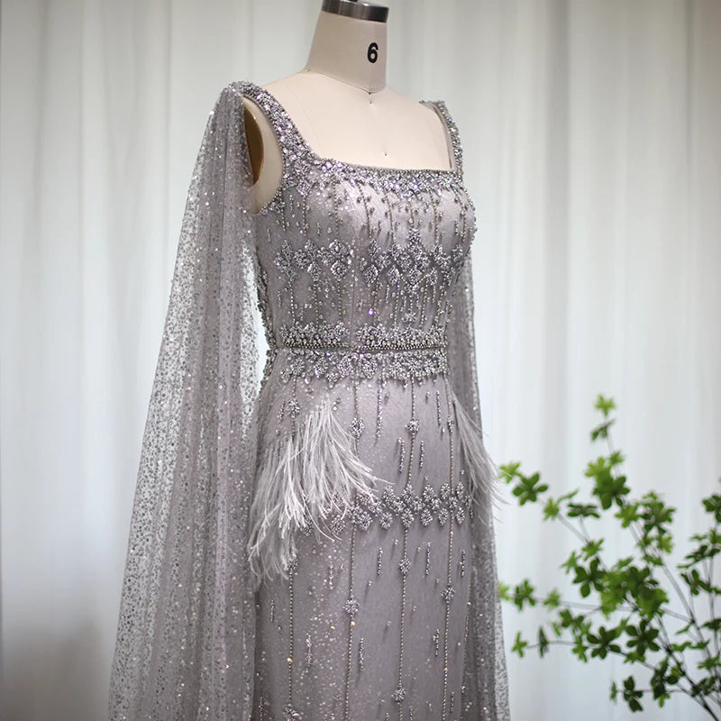 Mermaid Evening Dress with Cape Luxury Feather Formal Dresses for Women Wedding Party - Image 26
