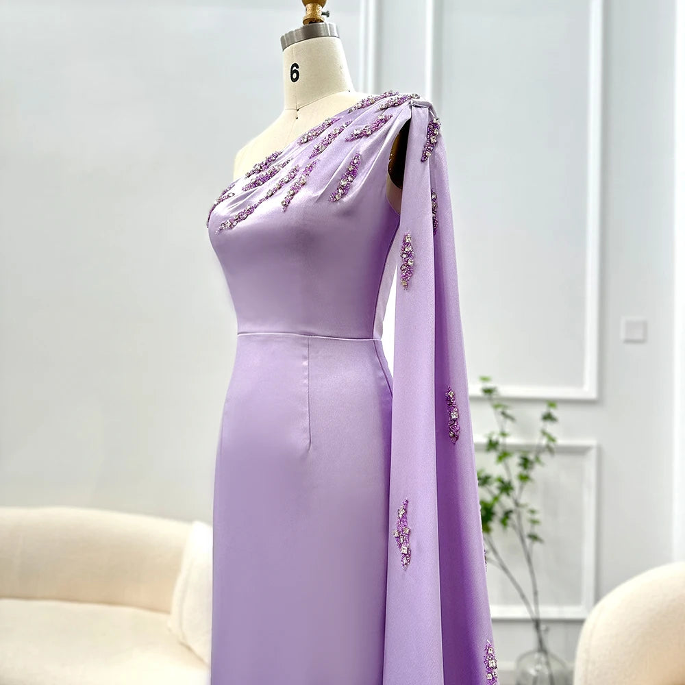 Arabic Lilac One Shoulder Evening Dresses with Cape Elegant Ankle Length Women Wedding Dress Party Dress - Image 3