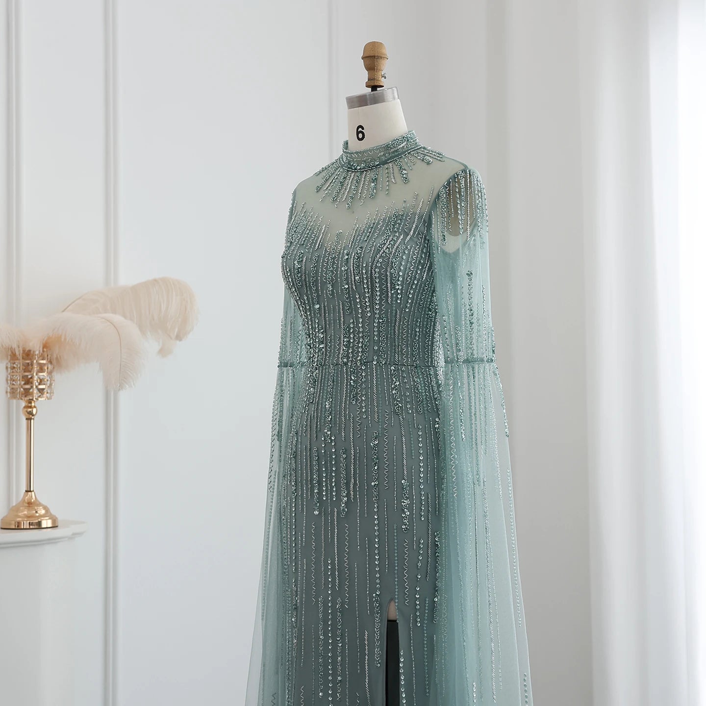 Luxury Beaded Mermaid Green Evening Dress with Cape Sleeve High Neck Side Slit Nude Women Wedding Party Gowns - Image 3
