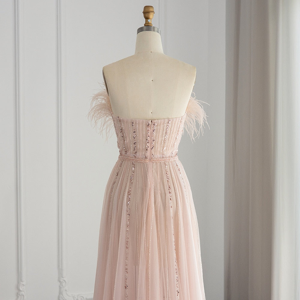 Luxury Blush Pink Feathers Evening Dress Wedding Party Long Elegant Formal Prom Dresses - Image 9
