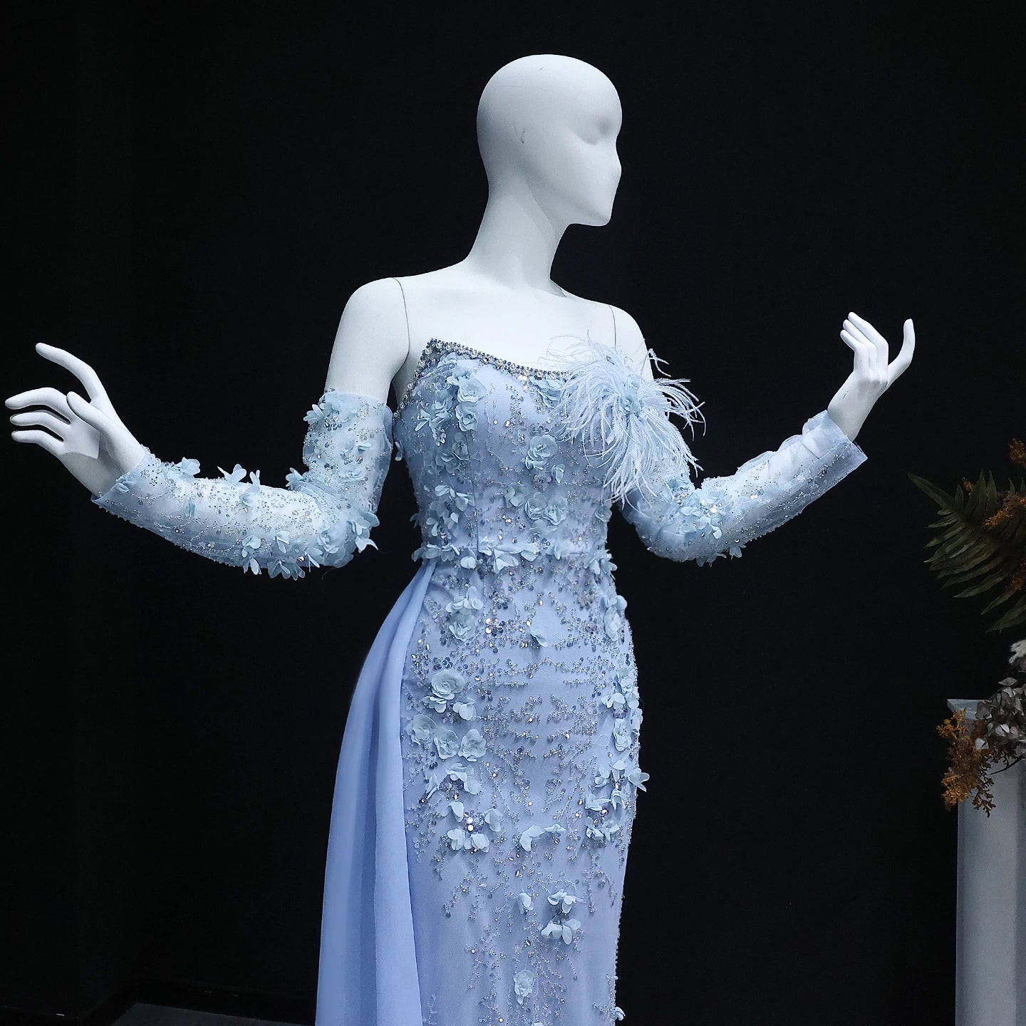 Elegant 3D Flowers Feathers Mermaid Evening Dress with Sleeves Women Wedding Party Gowns - Image 4