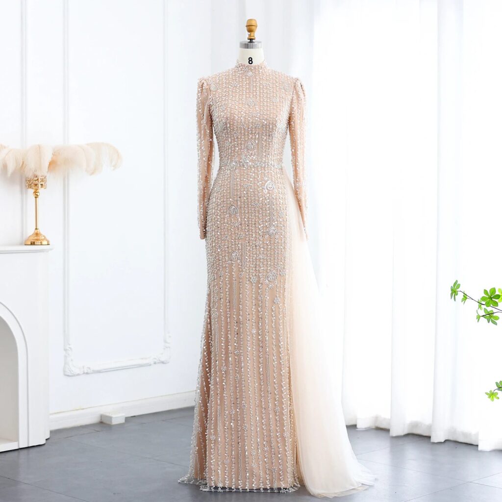 Luxury Beaded Nude Evening Dress Long Sleeve 2025 Elegant High Neck Women Wedding Party Gown