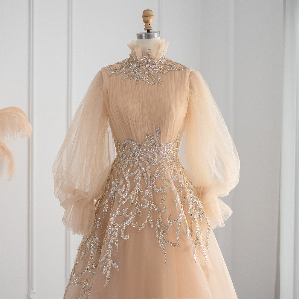 Champagne Long Sleeve Evening Dresses Luxury Midi Short Formal Gowns for Wedding Party - Image 8