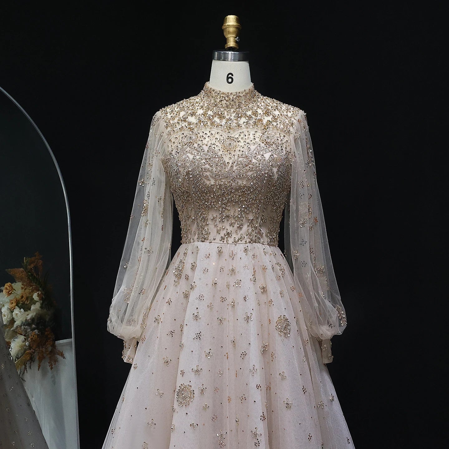 Elegant Champagne Luxury Women Evening Dress for Wedding Long Sleeves Party Formal Gowns - Image 2
