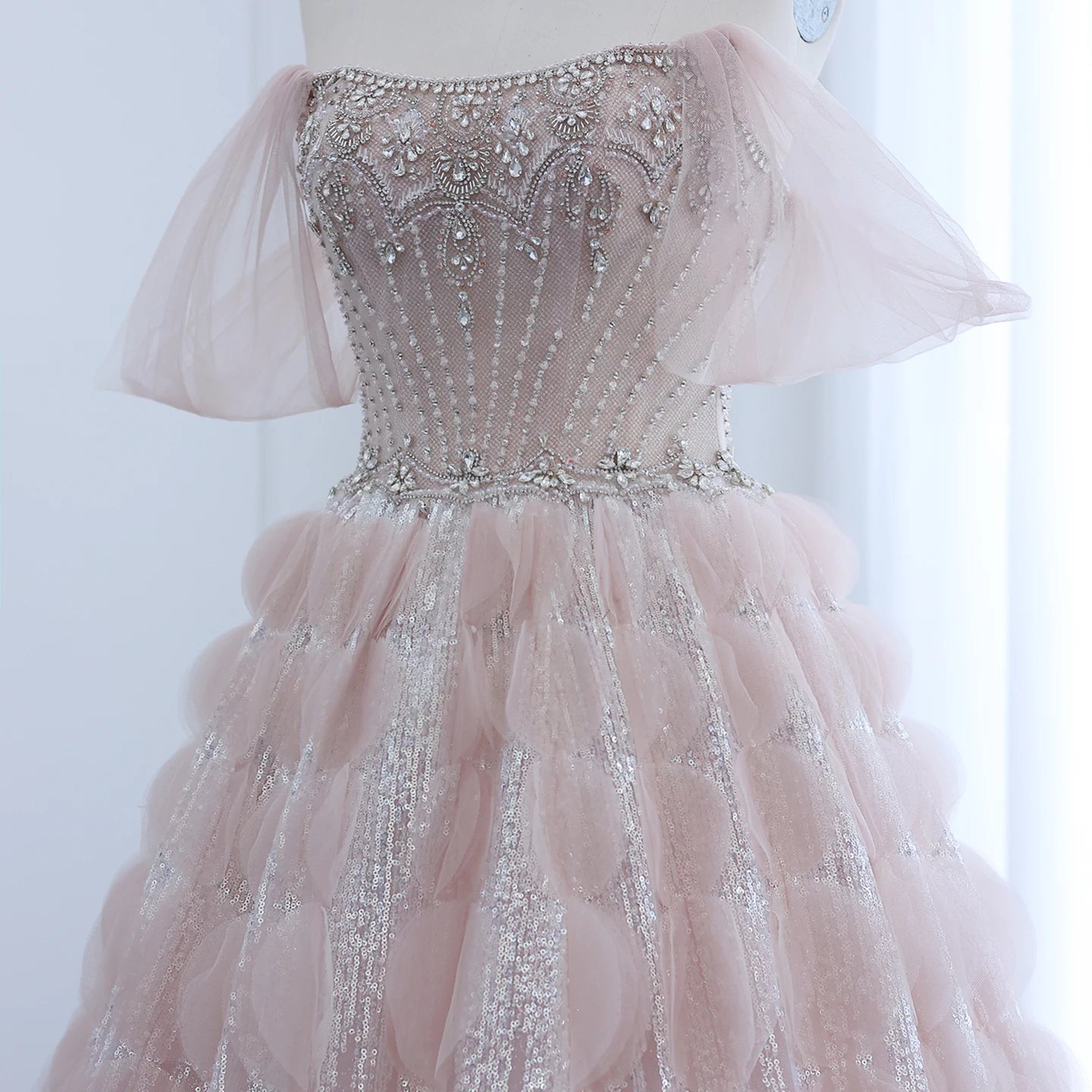 Crystal Princess Ball Gown Blush Pink Ruffles Evening Dress for Women Wedding Engagement Party Dress - Image 3