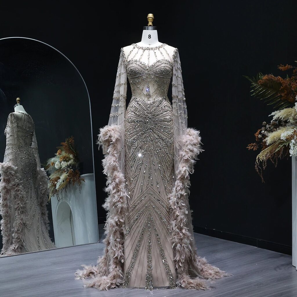 Luxury Caramel Beaded Mermaid Evening Dress with Feather Cape Sleeves for Formal Wedding Party