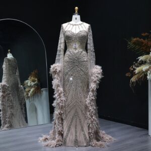 Luxury Caramel Beaded Mermaid Evening Dress with Feather Cape Sleeves for Formal Wedding Party