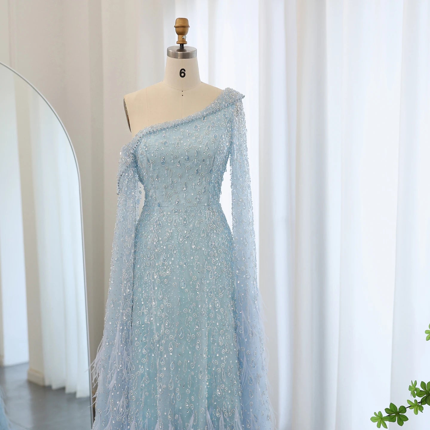 Luxury Feather One Shoulder Evening Dresses with Cape Sleeves Rose Gold Lilac Women Wedding Party Gowns - Image 13