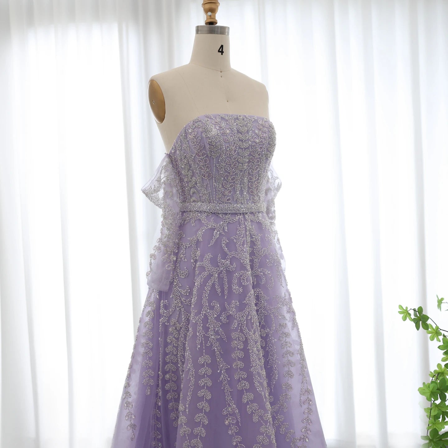 Luxury Beaded Lilac Evening Dress with Sleeves Elegant Strapless Women Wedding Party Gowns - Image 5