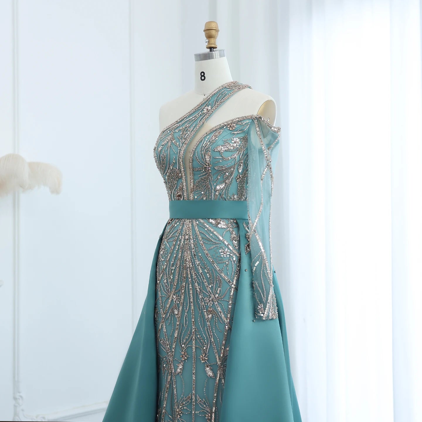 Luxury Beads One Shoulder Turquoise Evening Dress with Overskirt Women Wedding Party Gown - Image 11