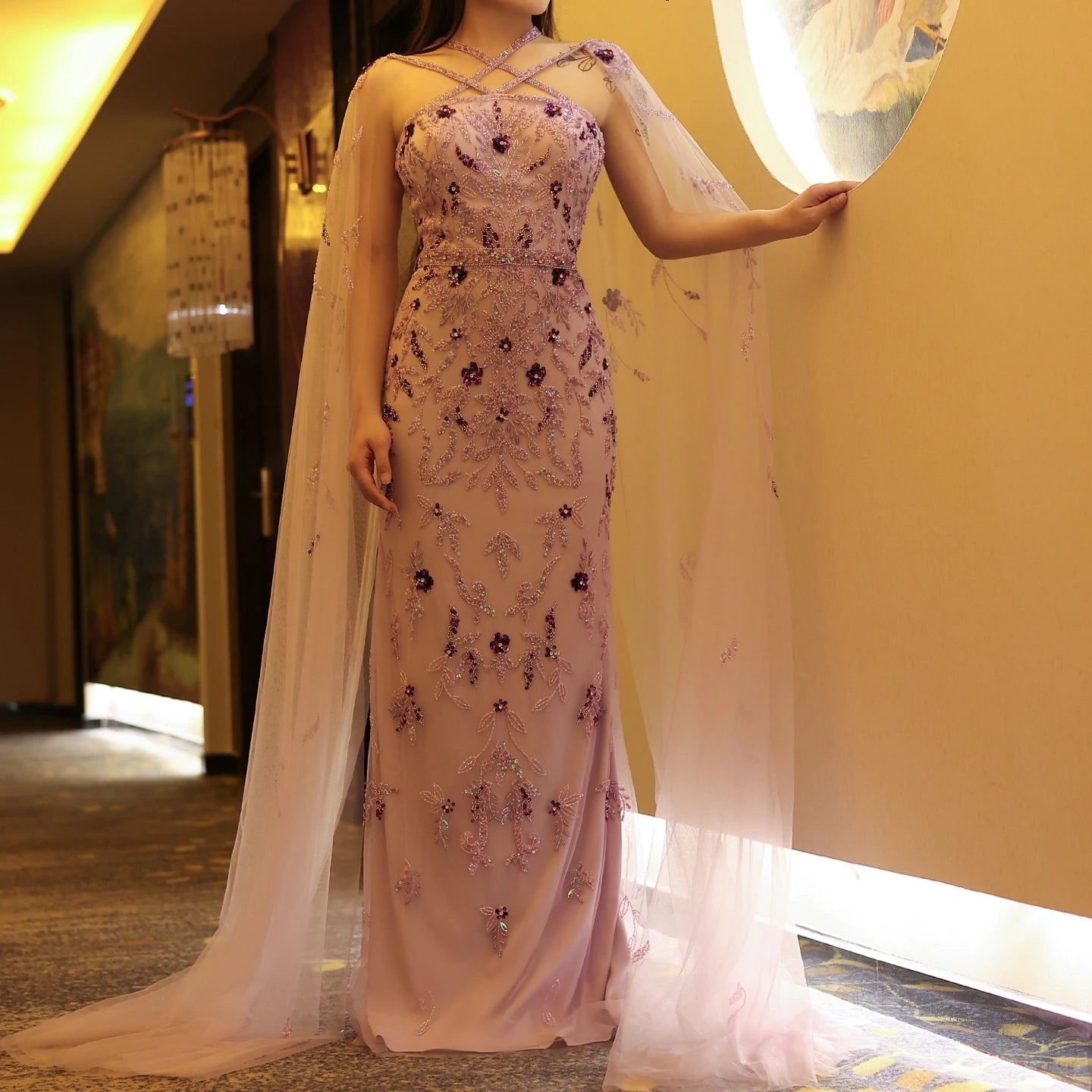 Luxury Lilac Evening Dresses with Cape Sleeves Criss Cross Elegant Arab Women Wedding Party Gowns - Image 12