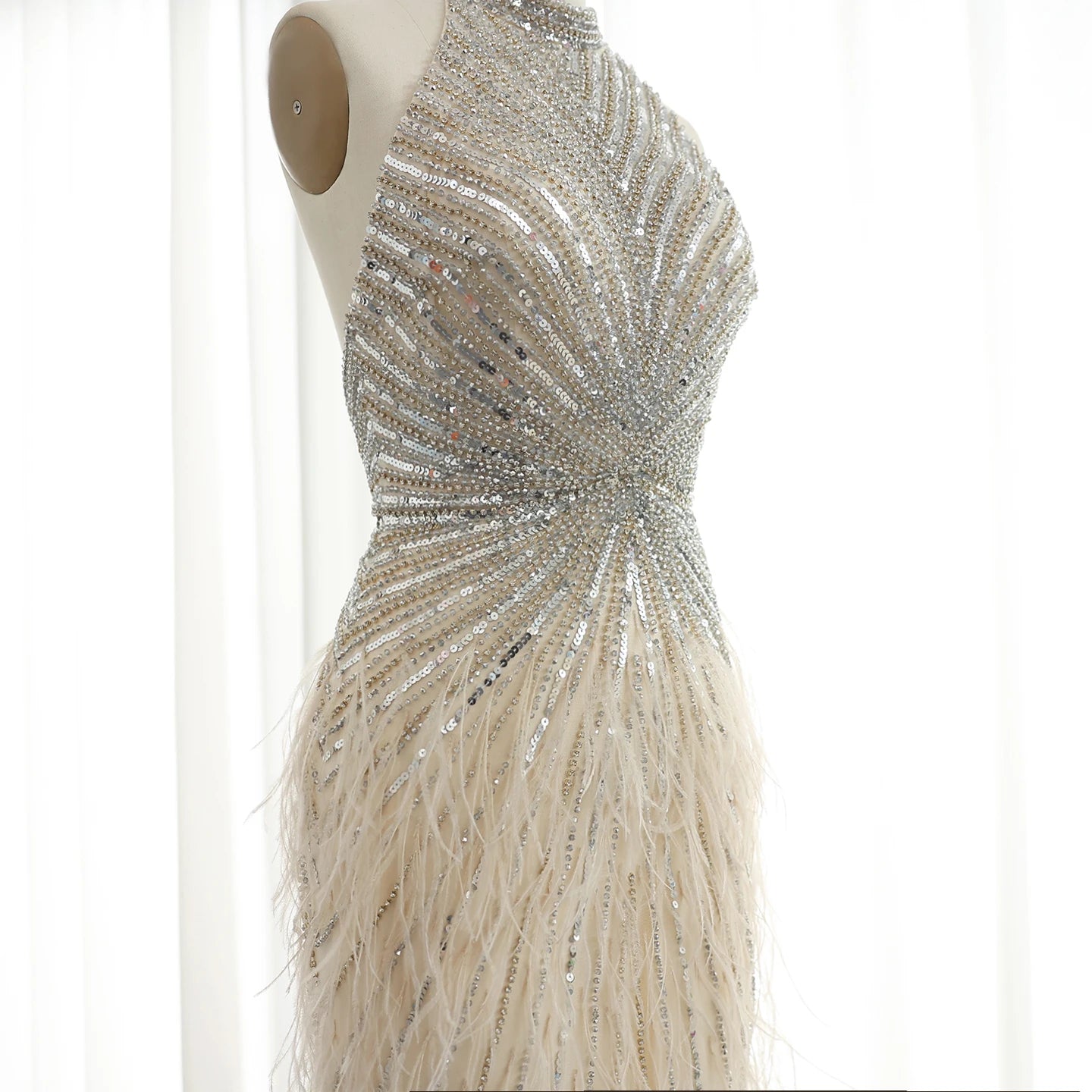 Luxury Beaded Feathers Mermaid Silver Gray Evening Dress Halter Backless Blue Beige Formal Party Gown - Image 15