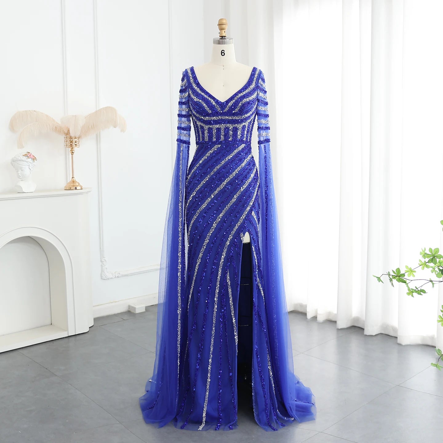 Luxury Beaded Mermaid Evening Dresses with Cape Sleeves Side Slit Women Long Wedding Party Gowns - Image 10