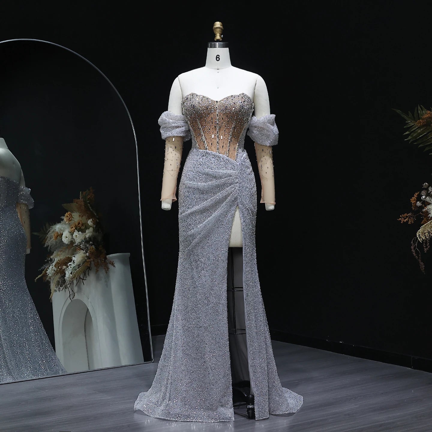 Luxury Mermaid Crystal Silver Evening Dress with Sleeves Slit Women Wedding Party Gown - Image 2