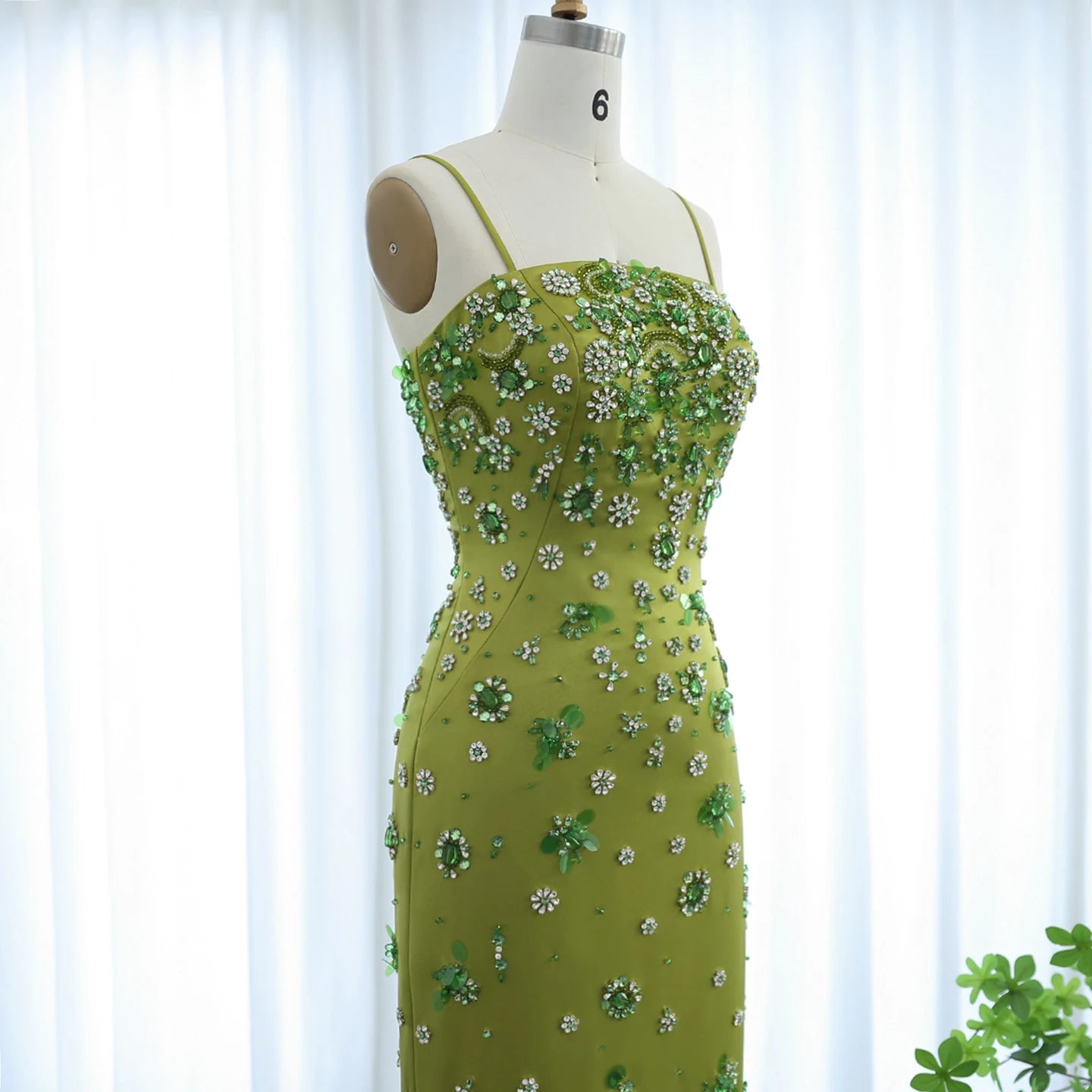 Luxury 3D Floral Beaded Short Green Evening Dress with Spaghetti Straps Sheath Midi Women Wedding Party Gowns - Image 4