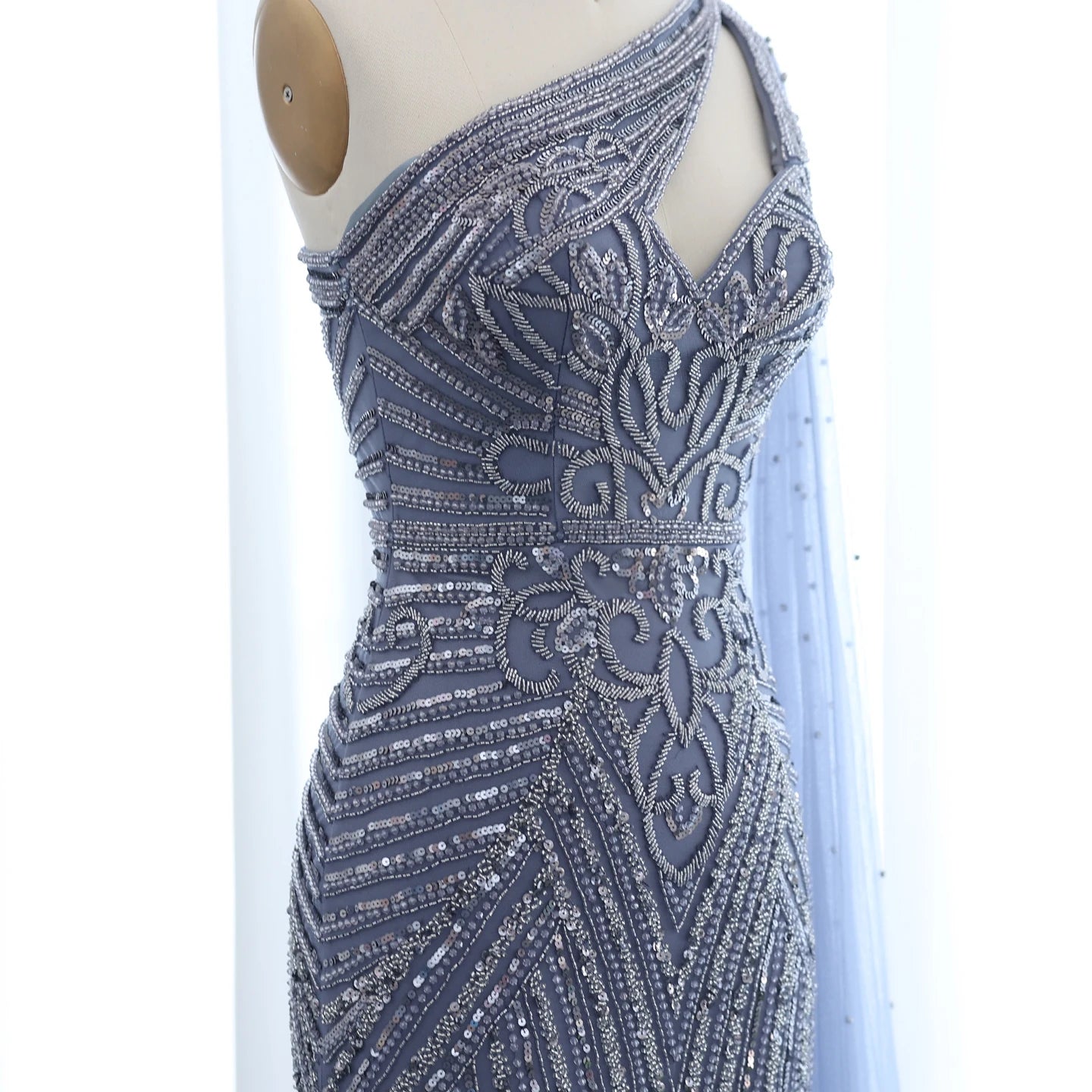Luxury Beaded Mermaid Nude Evening Dress with Cape Sleeve One Shoulder Side Slit Women Wedding Party Gowns - Image 8