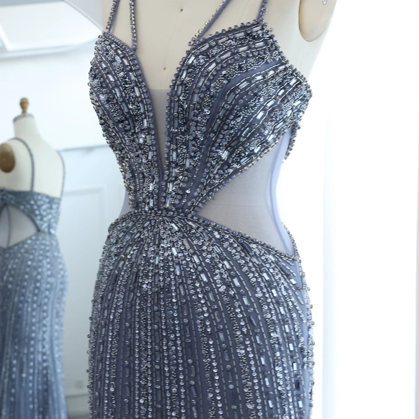Luxury Beaded Nude Mermaid Evening Dresses Sexy V-neck High Slit Blue Long Women Wedding Party Prom Dress - Image 9