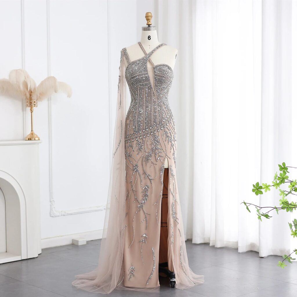 Luxury Beaded Nude Evening Dress with Cape Side Slit One Shoulder Formal Party Gowns for Wedding