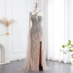 Luxury Beaded Nude Evening Dress with Cape Side Slit One Shoulder Formal Party Gowns for Wedding