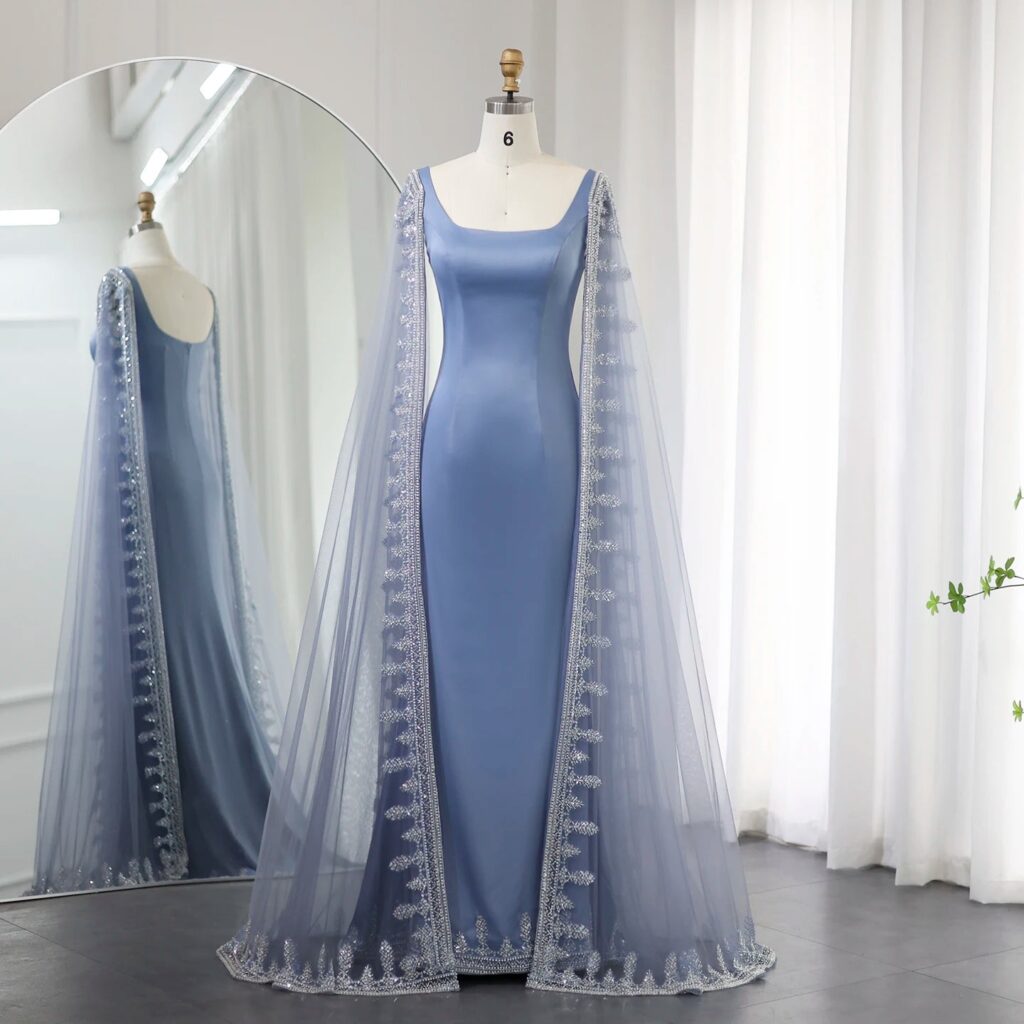 Luxury Blue Mermaid Evening Dresses with Cape Sleeves Sage Green Elegant Women Wedding Party Gowns