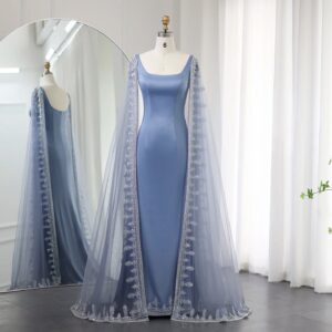 Luxury Blue Mermaid Evening Dresses with Cape Sleeves Sage Green Elegant Women Wedding Party Gowns