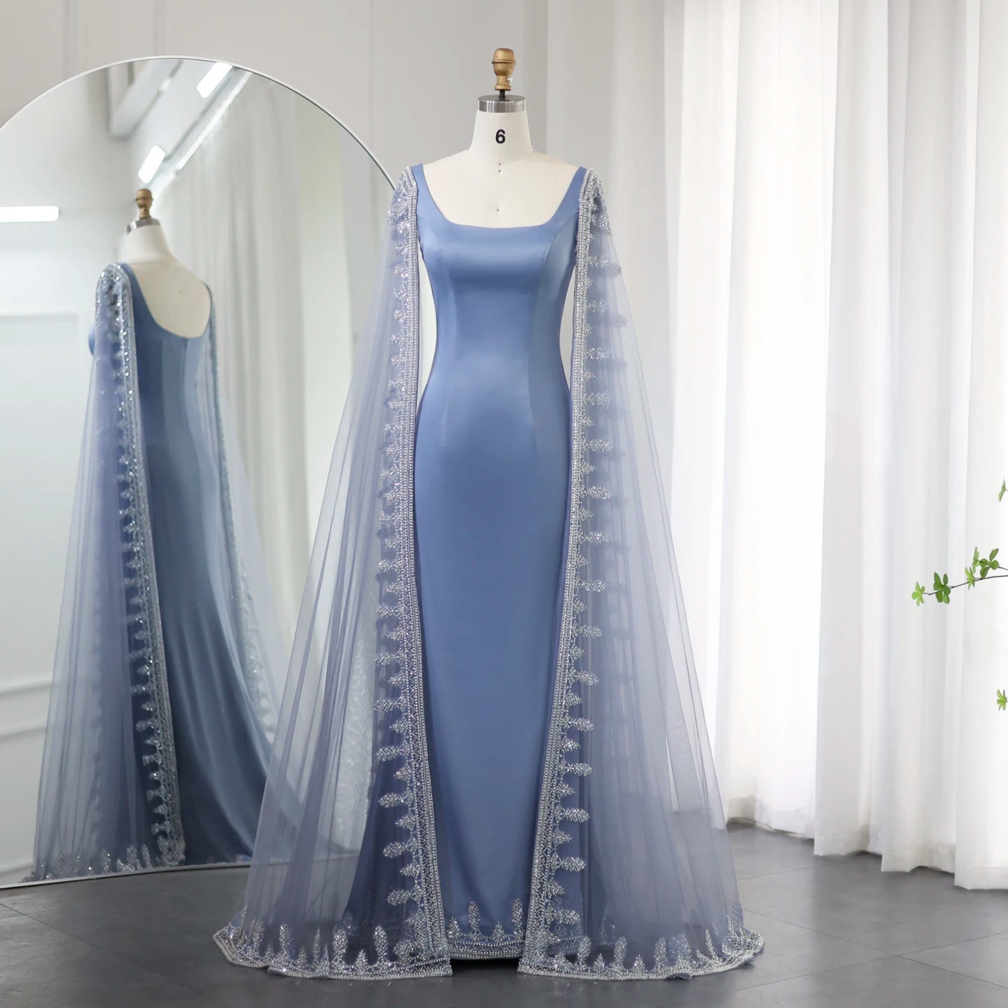 Luxury Blue Mermaid Evening Dresses with Cape Sleeves Sage Green Elegant Women Wedding Party Gowns