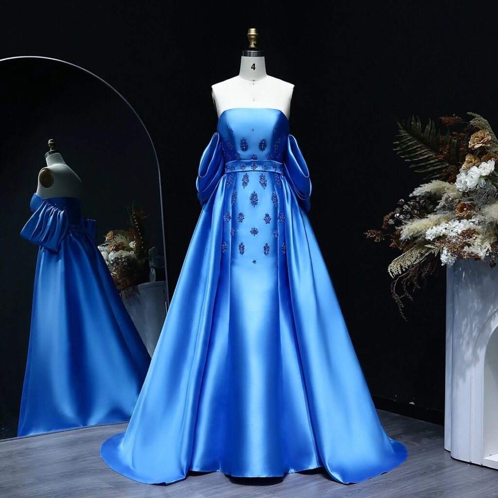 Satin Blue Elegant Women Evening Dress with Detachable Overskirt Cape Sleeve Wedding Party Gown