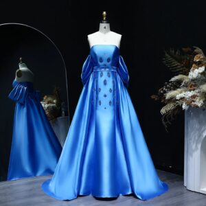 Satin Blue Elegant Women Evening Dress with Detachable Overskirt Cape Sleeve Wedding Party Gown