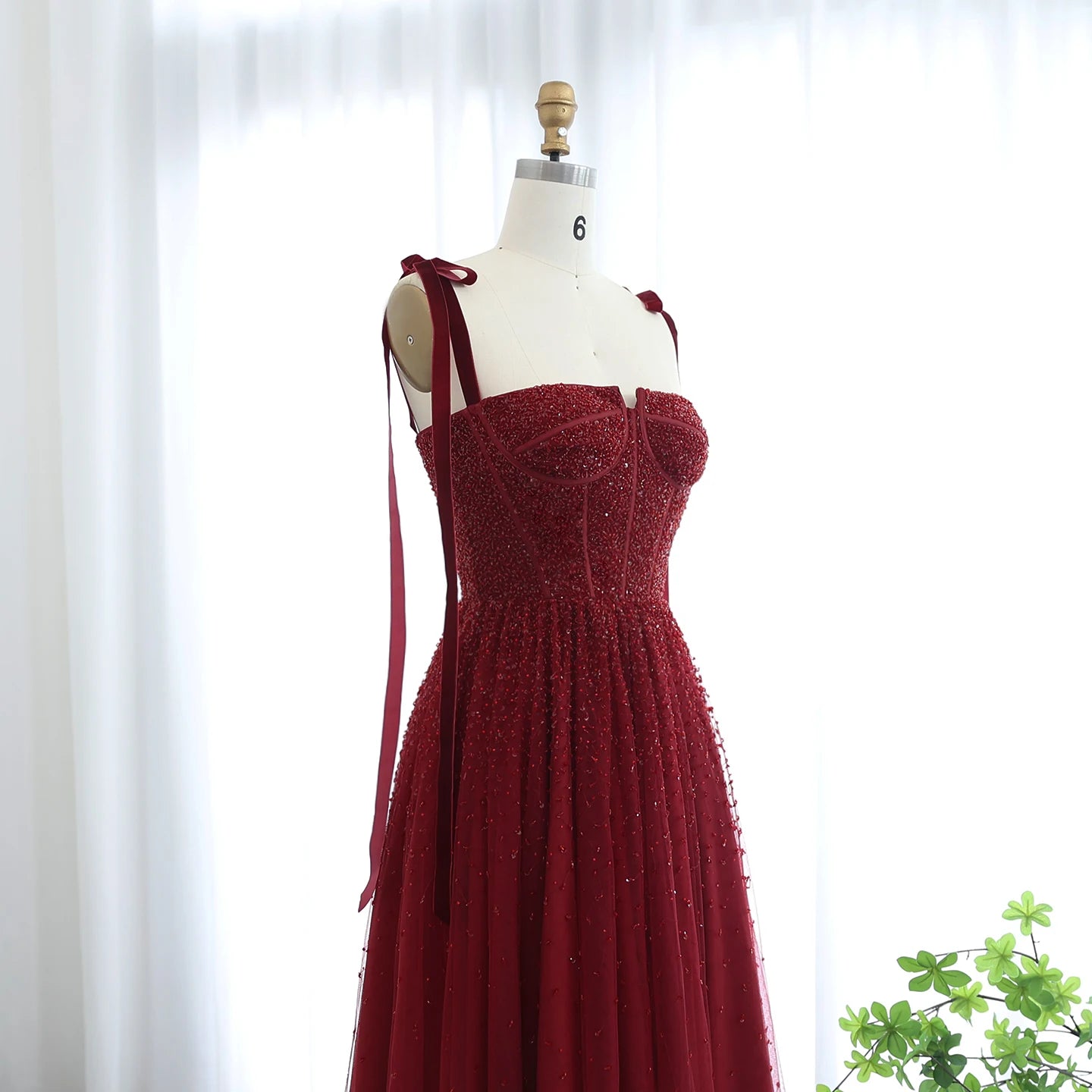 Luxury Beaded Wine Red Evening Dresses with Straps Elegant Women Arabic Wedding Party Gown - Image 5