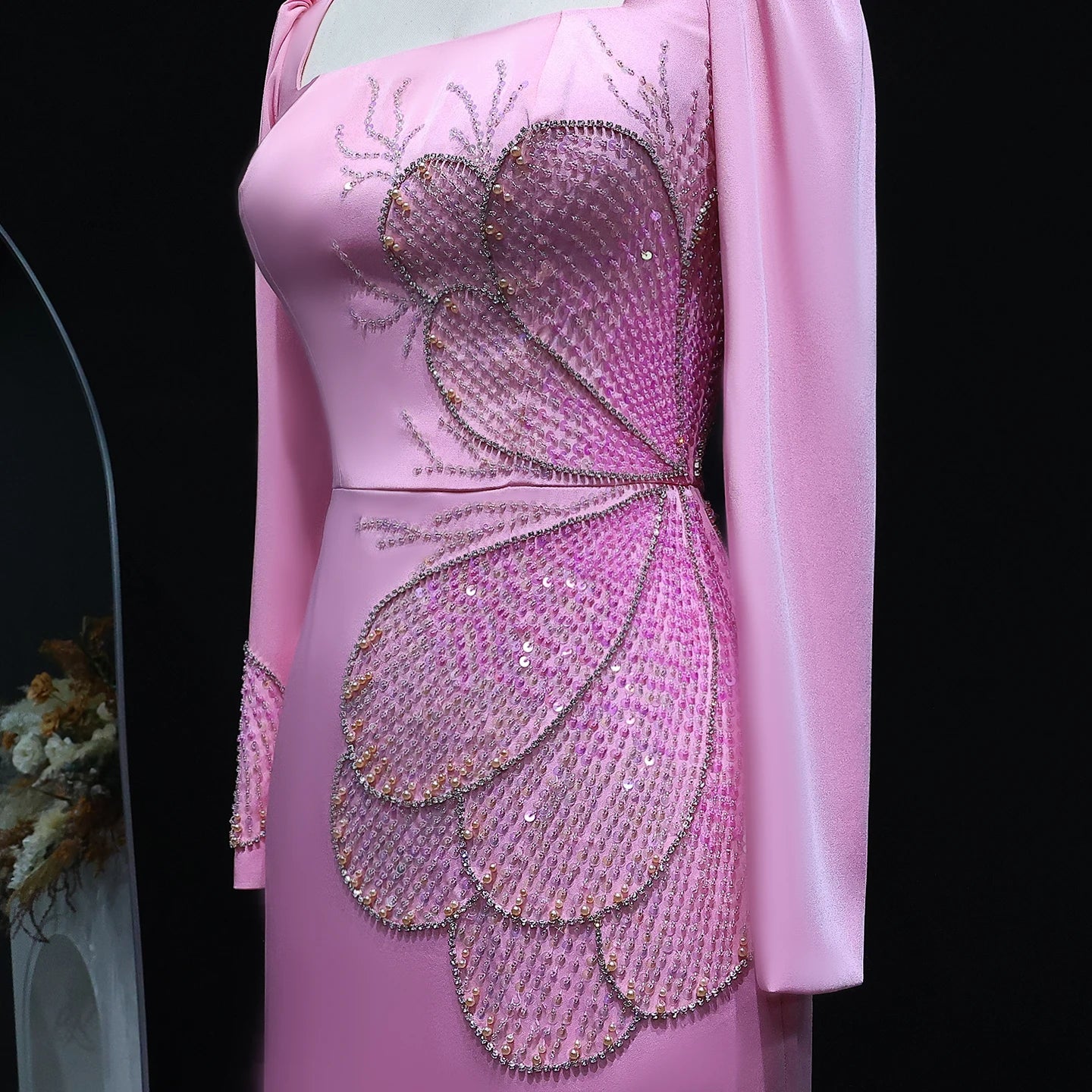 Elegant Pink Beaded Luxury Evening Dress Long Sleeves for Women Wedding Party Square Neckline - Image 4