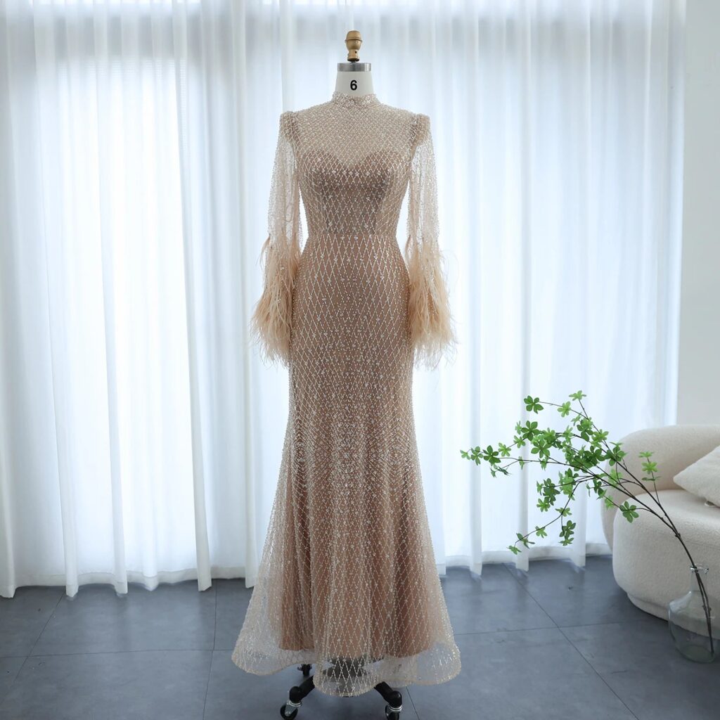 Luxury Feathers Nude Evening Dresses Long Sleeves Elegant High Neck Wedding Formal Party Gowns