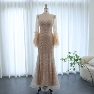 Luxury Feathers Nude Evening Dresses Long Sleeves Elegant High Neck Wedding Formal Party Gowns