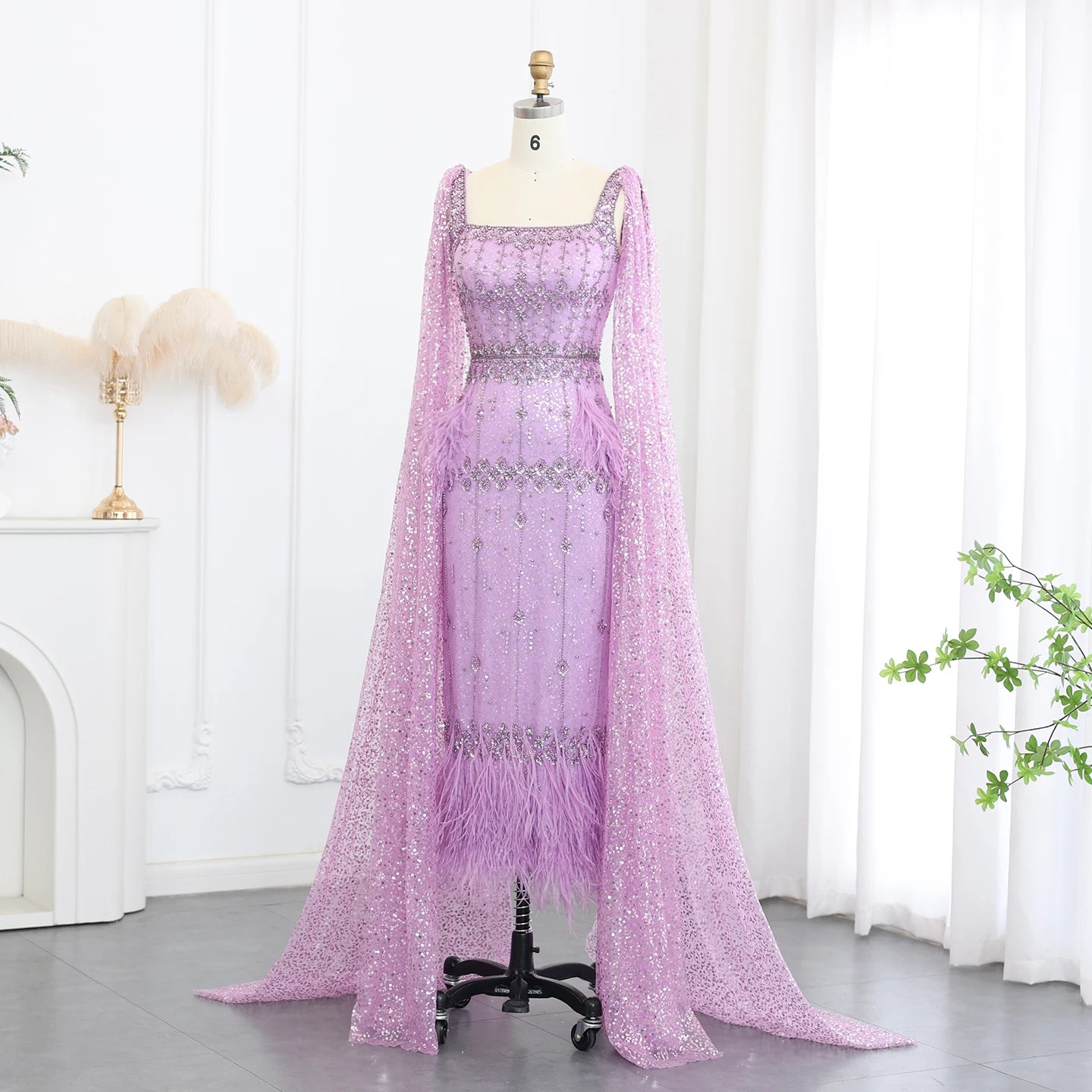 Mermaid Evening Dress with Cape Luxury Feather Formal Dresses for Women Wedding Party - Image 5