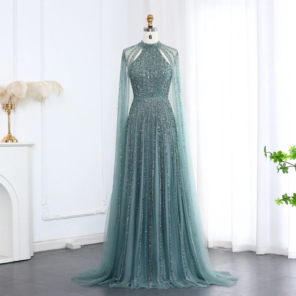 Turquoise Luxury Evening Dress with Cape Sleeves Caramel for Women Wedding Party