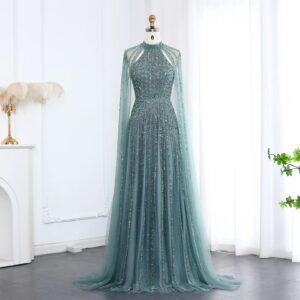 Turquoise Luxury Evening Dress with Cape Sleeves Caramel for Women Wedding Party