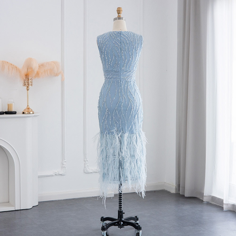 Elegant Lace Midi Evening Dress with Feathers Beading Formal Dresses for Wedding Party - Image 8