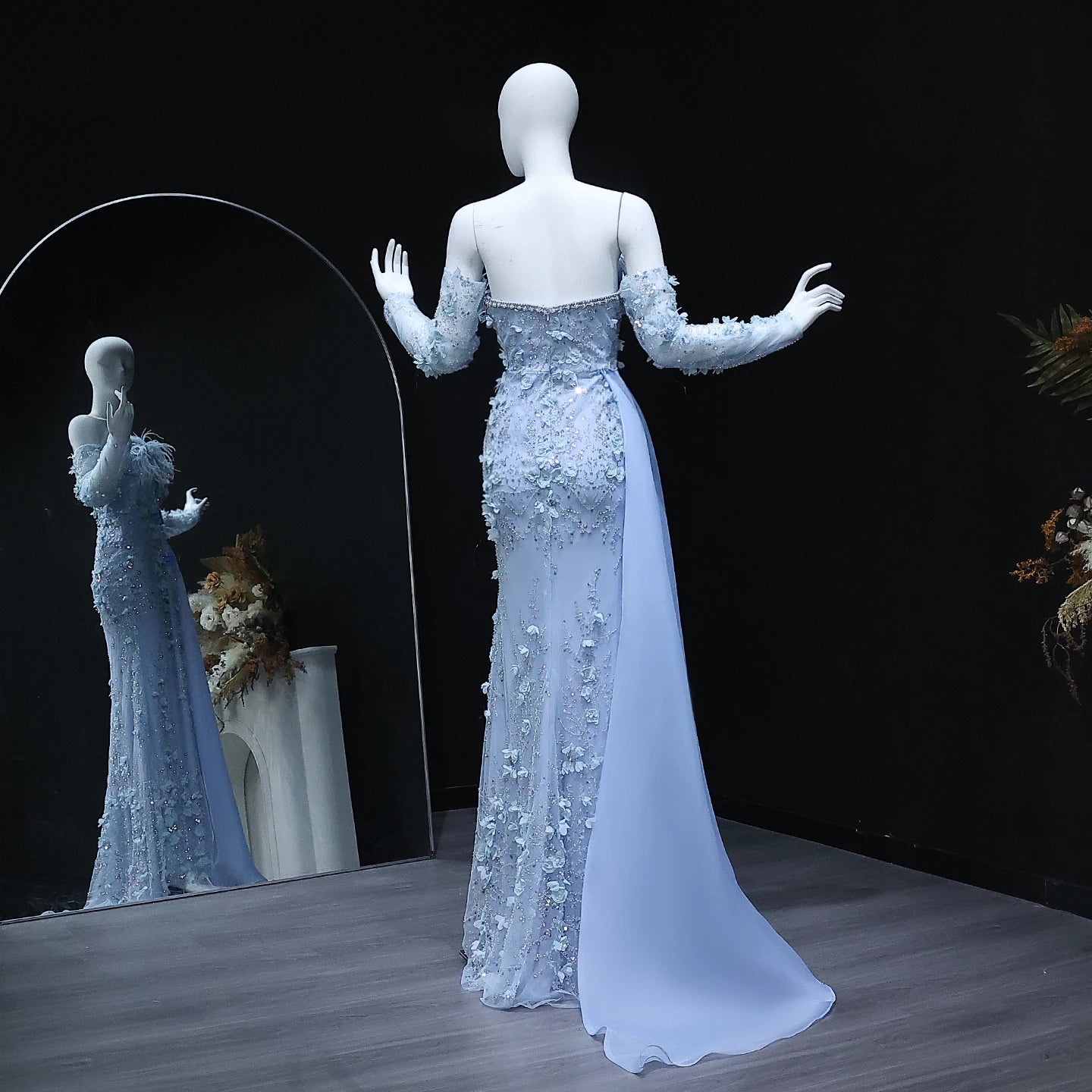 Elegant 3D Flowers Feathers Mermaid Evening Dress with Sleeves Women Wedding Party Gowns - Image 7