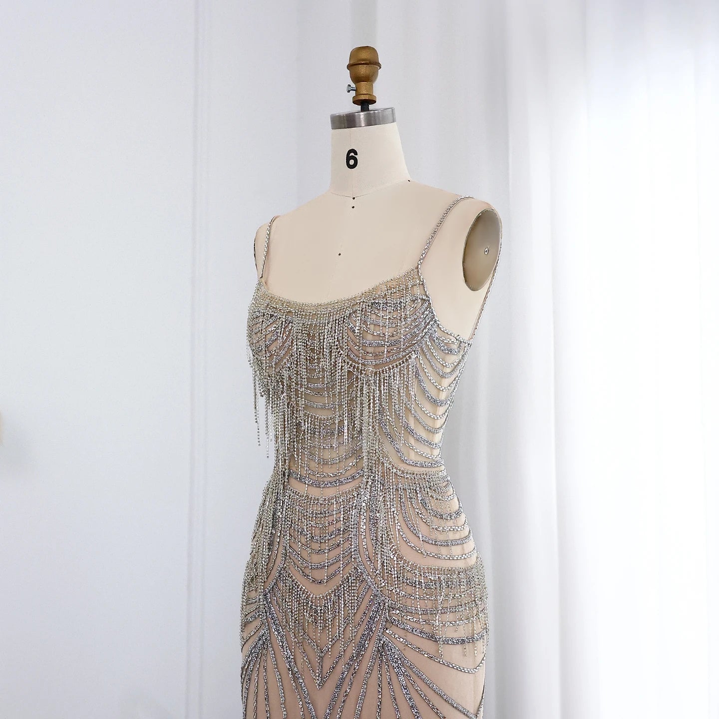 Luxury Crystal Tassel Mermaid Evening Dress with Spaghetti Straps Nude Pink Long Prom Party Gowns - Image 7