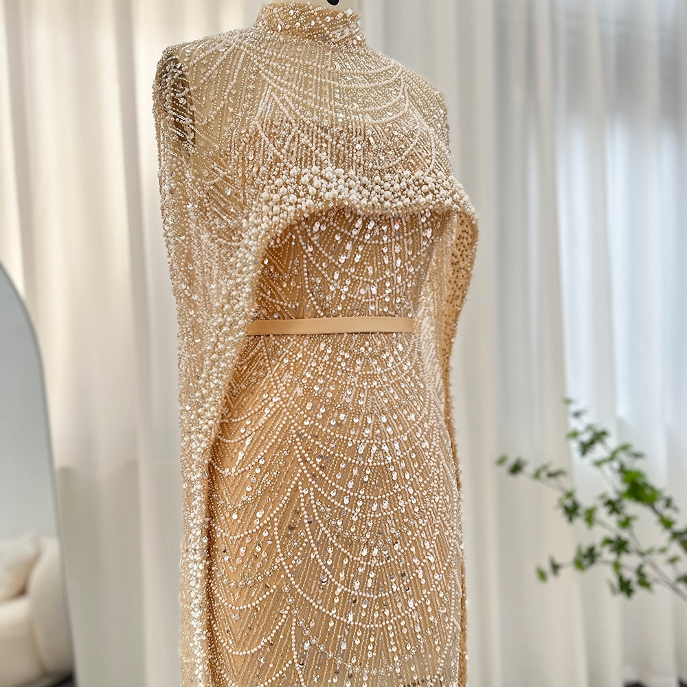 Luxury Pearls Champagne Evening Dresses with Cape Women Mermaid Wedding Party Prom Dress - Image 5