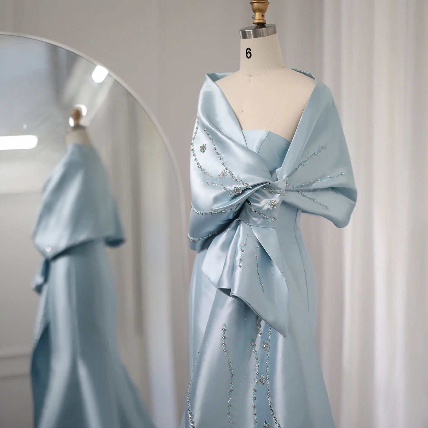 Luxury Blue Mermaid Evening Dresses with Cape Shawl Beaded Elegant Women Wedding Guest Party Gown - Image 5