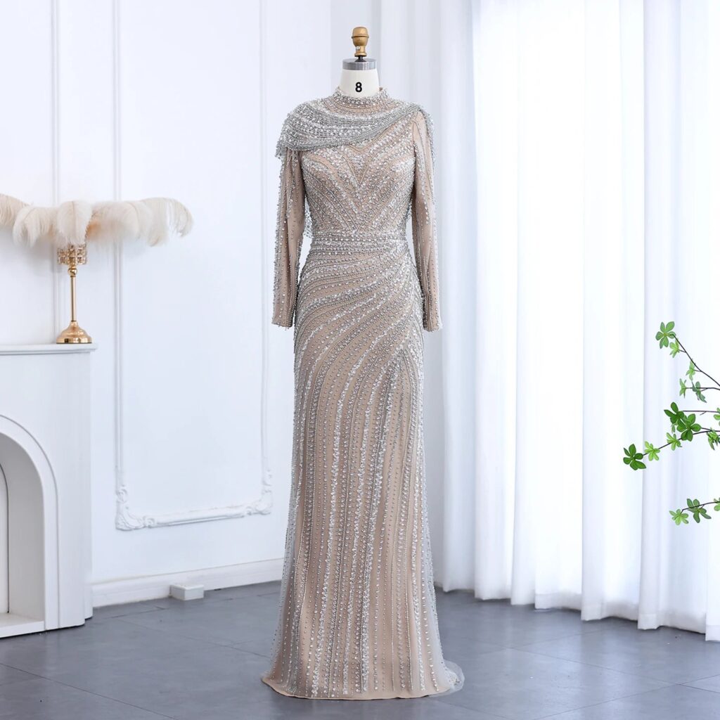 Luxury Silver Nude Evening Dresses with Cape High Neck Long Sleeves Dresses for Wedding Party