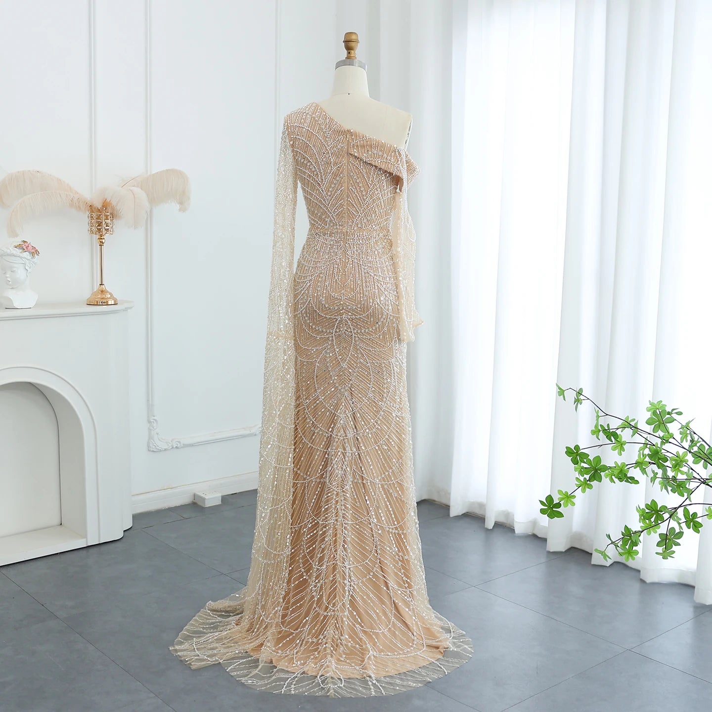 Champagne Mermaid Evening Dresses for Women Wedding Elegant Beads One Shoulder Formal Prom Gowns - Image 5