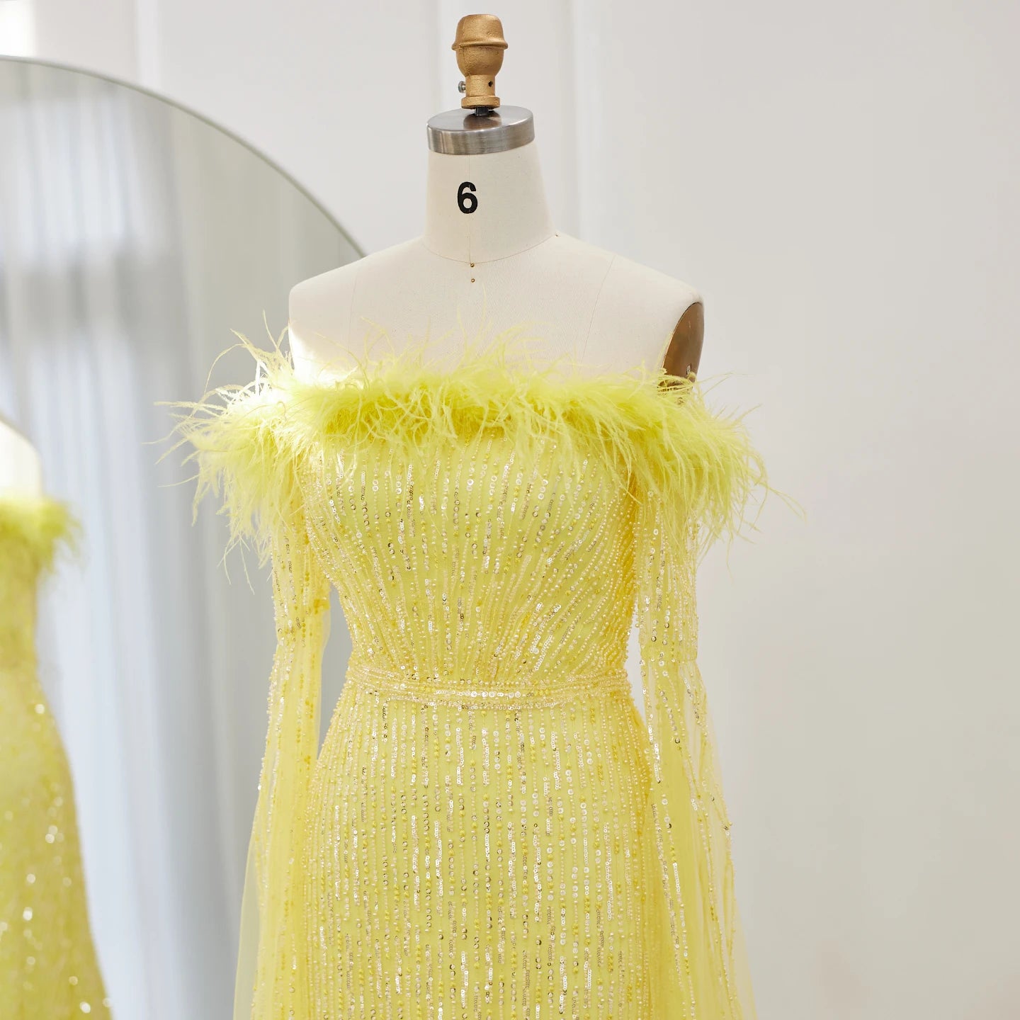 Luxury Feathers Mermaid Sage Green Evening Dresses with Cape Sleeves Pink Yellow Wedding Party Gowns - Image 13