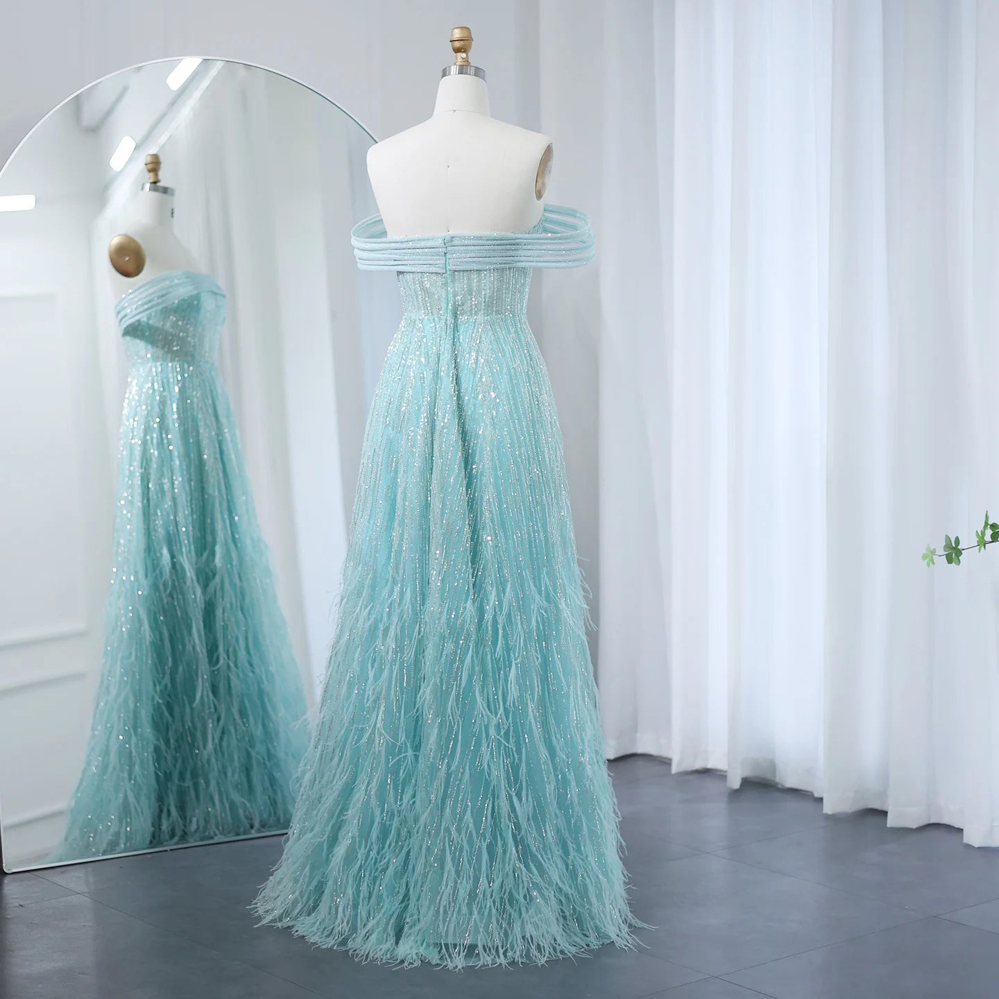 Feathers Aqua Green Luxury Evening Dresses Off Shoulder Prom Party Wedding Dress - Image 5