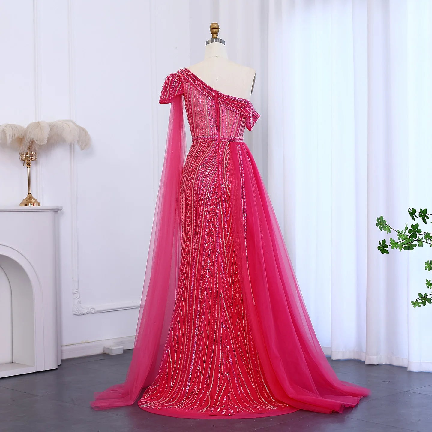 Elegant One Shoulder Fuchsia Luxury Evening Dress with Cape Sleeve Overskirt Formal Party Gown - Image 7